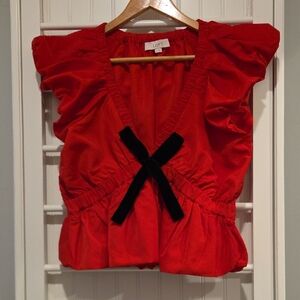 LOFT Scarlet Ruffle Blouse with Black Bow Size Small
